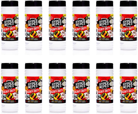 Hyper Wipes, 12 Pack Heavy Duty Hand & Tool Cleaning Wipes, 7"x12" Size Multi-Surface Cleaning Wipes, Degreasing, All Purpose Cleaner, Bathroom, Mechanic, Work Surface Wipes, 420 Count Canister