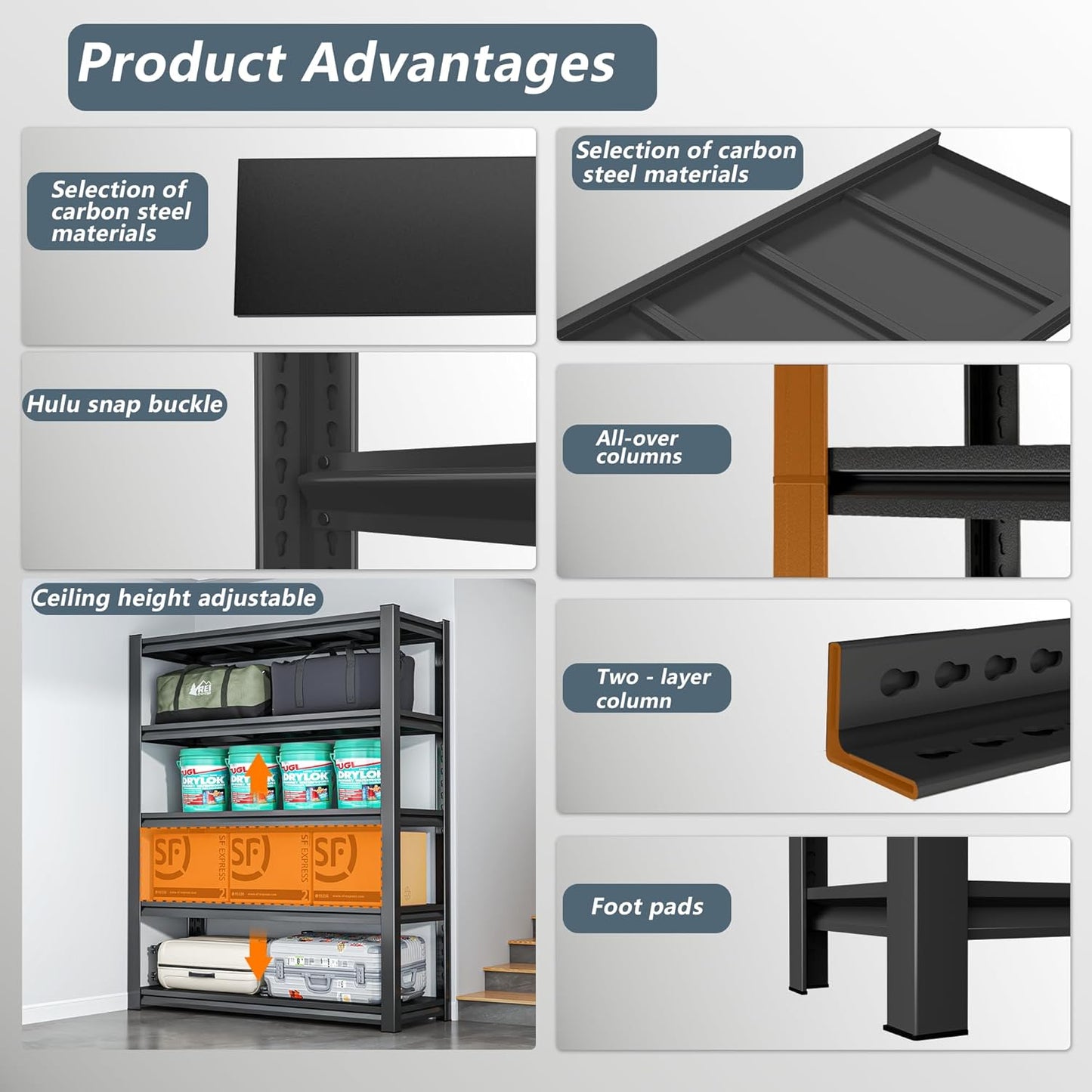 Metal Storage Rack Tier Height Free Adjustable Garage Tool Rack Load Capacity 3000lbs Industrial Storage Rack,Black,Garage,Kitchen,Bedroom,Garden (5-Tier63.0" H*39.4" W*17.7" D)