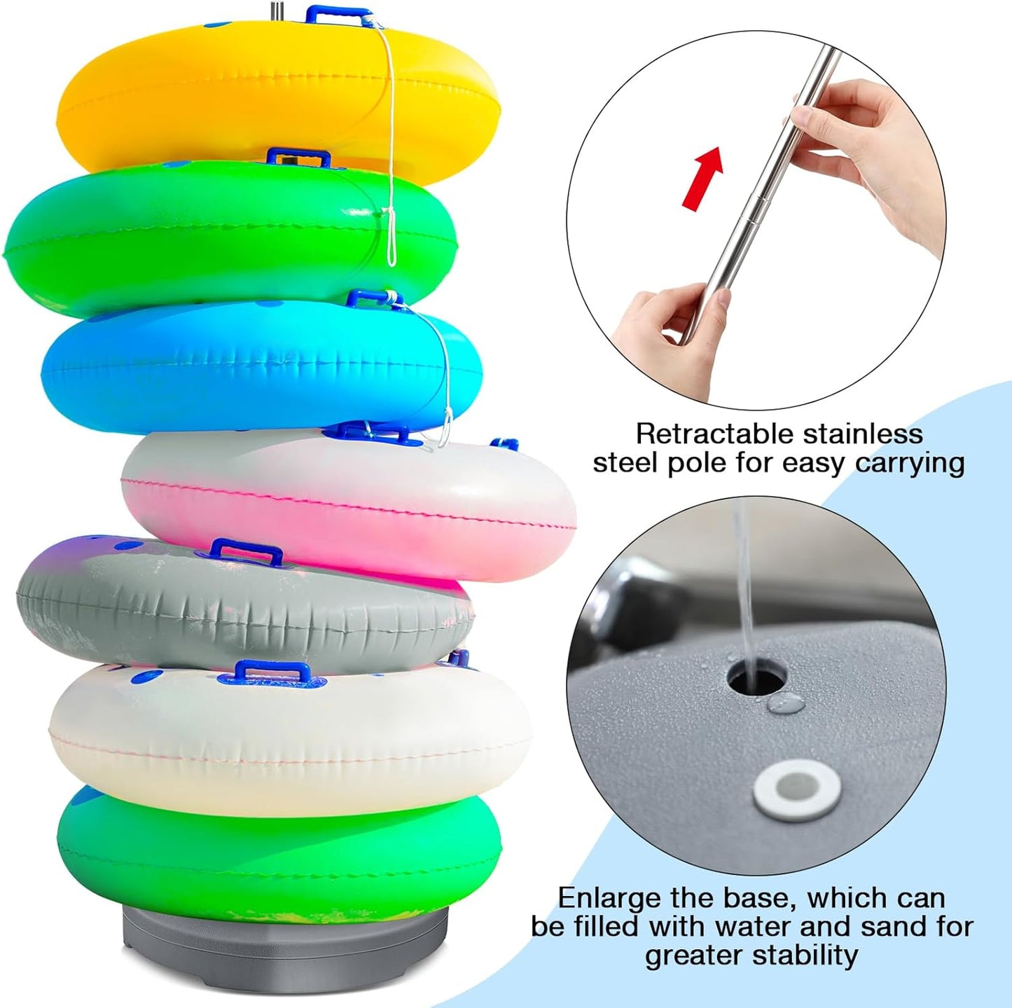 Pool Float Storage Rack 13 x 78 Inch Pool Float Holder Stainless Steel Equipment Holder Water Filling Base Portable Scalable Outdoor Rack for Swimming Outdoor Storage (Gray)
