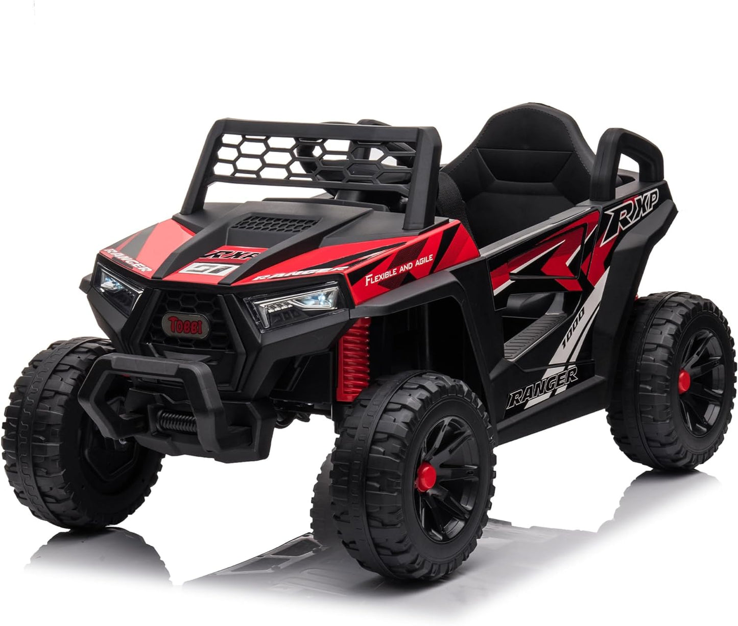 TOBBI 12V Kids Ride on Car, Electric Off-Road UTV Truck with Forward and Reverse Functions, Double Open Doors, Safety Belt, Horn, Music, and Lights for Kids Aged 3-5 Years (Red)