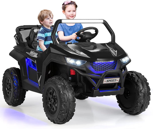 Costzon 2-Seater Ride on Car for Kids, 12V Kids' Electric Vehicles w/Remote Control, 4 Shock Absorbers, Wireless Music & FM, 3 Speeds, Ambiance Lights, Electric UTV, Kid Car Toy for Boys, Girls(Black)