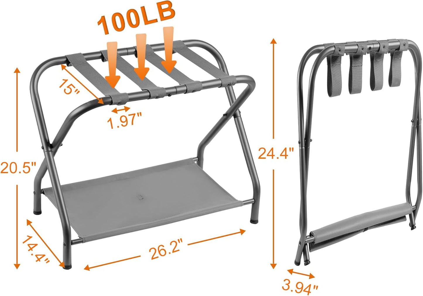 Heybly Luggage Rack, Steel Folding Suitcase Stand with Storage Shelf for Bedroom, Hotel, Foldable Steel Frame, Guest Room Bedroom Hotel, 22.8" L x 11.8" W x 20.9" H, Gray HLR004G1