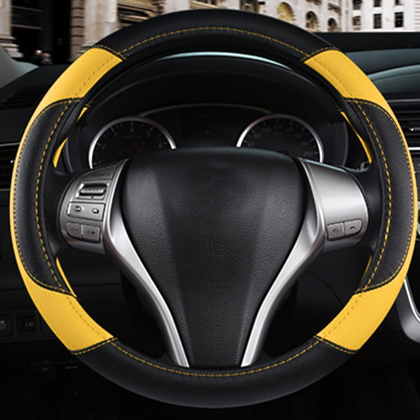 Leather Car Steering Wheel Cover, Non-Slip Car Wheel Cover Protector Breathable Microfiber Leather Universal Fit for Most Cars (Black&Yellow)