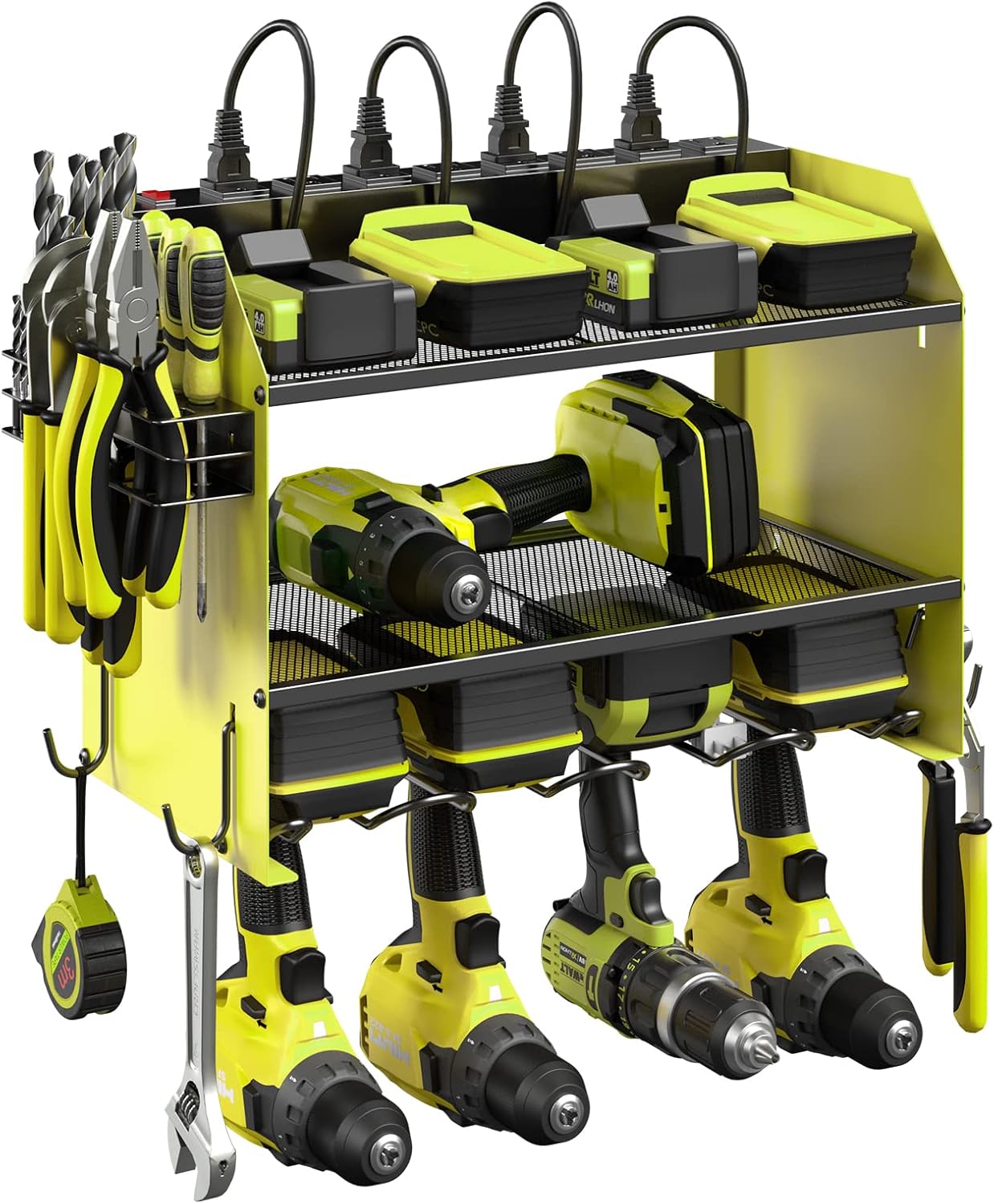 CCCEI Set Power Tool Organizer Wall Mount with Charging Station. Garage 4 Drill Storage Shelf with Hooks, Heavy Duty Metal Tool Battery Charger Organizer. Shop Utility Rack with Power Strip Green.