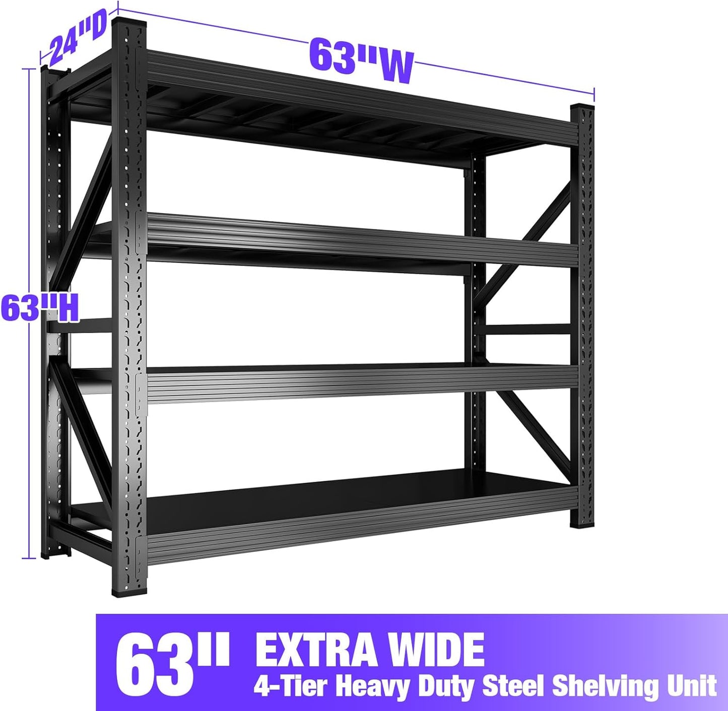 Metal Garage Shelving Unit, Heavy Duty 4-Tier Adjustable Storage Rack, 6000 LBS Loads Industrial Utility Shelves for Garages, Warehouses, Kitchen, Black, 63" W x 24" D x 63" H