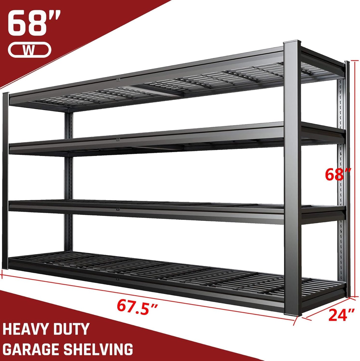 67" Wide Garage Shelving Unit, 67" W x 24" D x 68" H, Heavy Duty Garage Storage Shelves,3500 LBS Capacity, Industrial Adjustable Shelves for Basement Warehouse