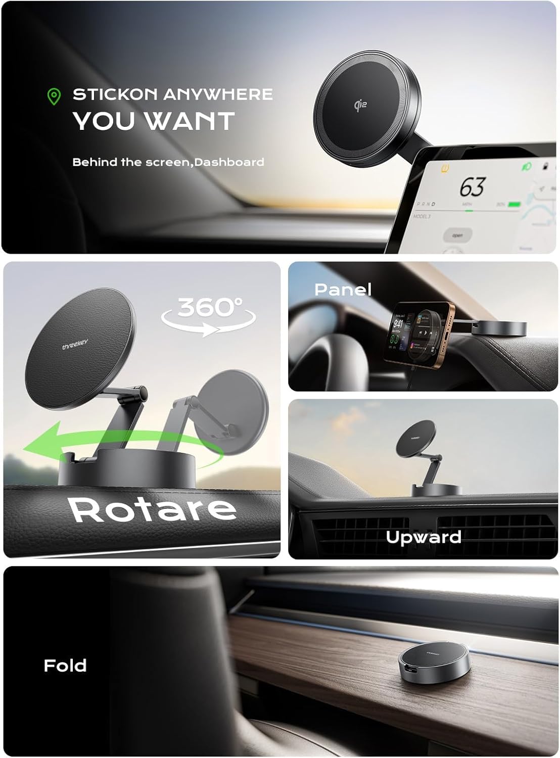 THREEKEY for MagSafe Car Mount Charger, Qi2 Wireless Car Charger, Retractable Car Phone Holder with Long Arm & 360°Rotation, Magnetic Car Mount for iPhone16-12Series & Galaxy S25 Ultra (TZH101 Bronze)