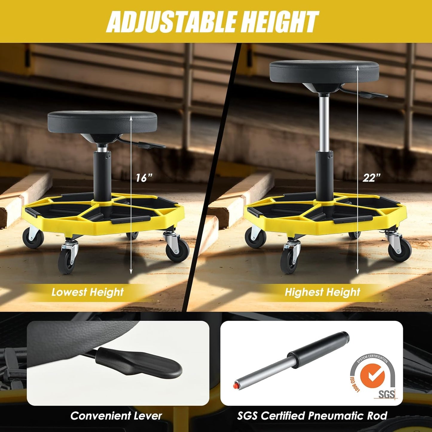 Goplus Mechanic Stool, Rolling Garage Chair with 16”-22” Adjustable Height, Removable Magnetic Tool Tray, 2” Thick Padded Cushion, Universal Wheels, 330LBS, Roller Creeper Seat (Yellow & Black)
