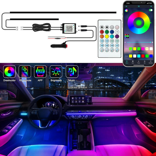 Interior Car LED Strip Lights, Acrylic LED Lights for Car with Dynamic Dreamcolor Chasing, Ambient Lighting Kits Music Sync Wireless APP and RF Remote Control (43.5+14.5'')