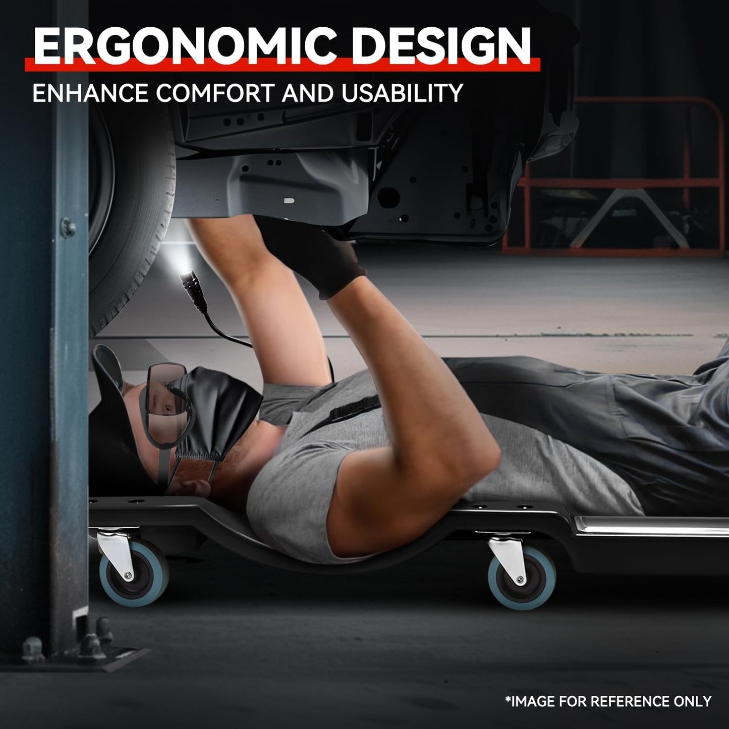 Auto Dynasty 40 Inches Mechanic Creeper, Automotive Garage Repair Low Profile Under Car Rolling Creeper with LED Light and Padded Headrest, Plastic, Black