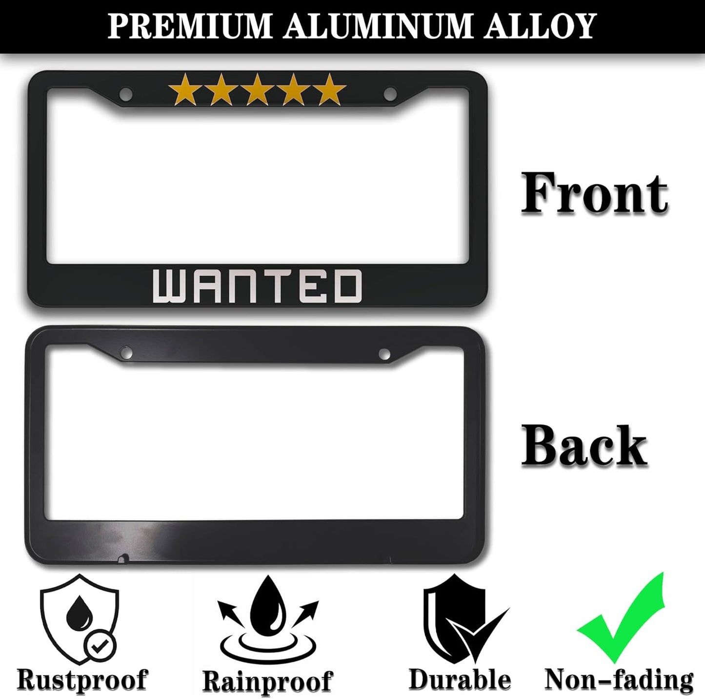 License Plate Protector Black, White, Yellow License Plate Frames Wanted Universal Aluminum Car Accessory 2 Pack with Screw Covers Set