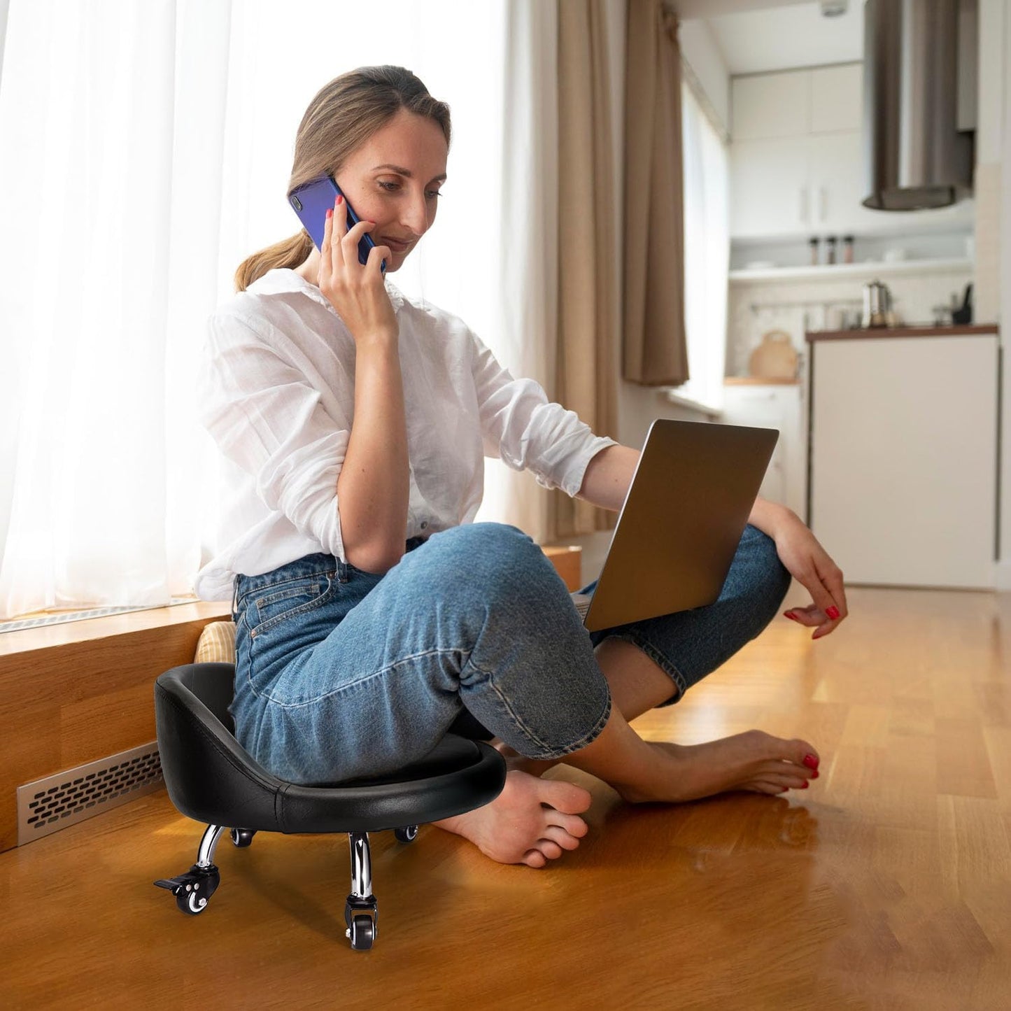 Rolling Stool with Backrest Low Height Rolling Stool with PU Leather, Roller Stool Chair, Roller Seats for Home, Office, Garage, Shop, Library
