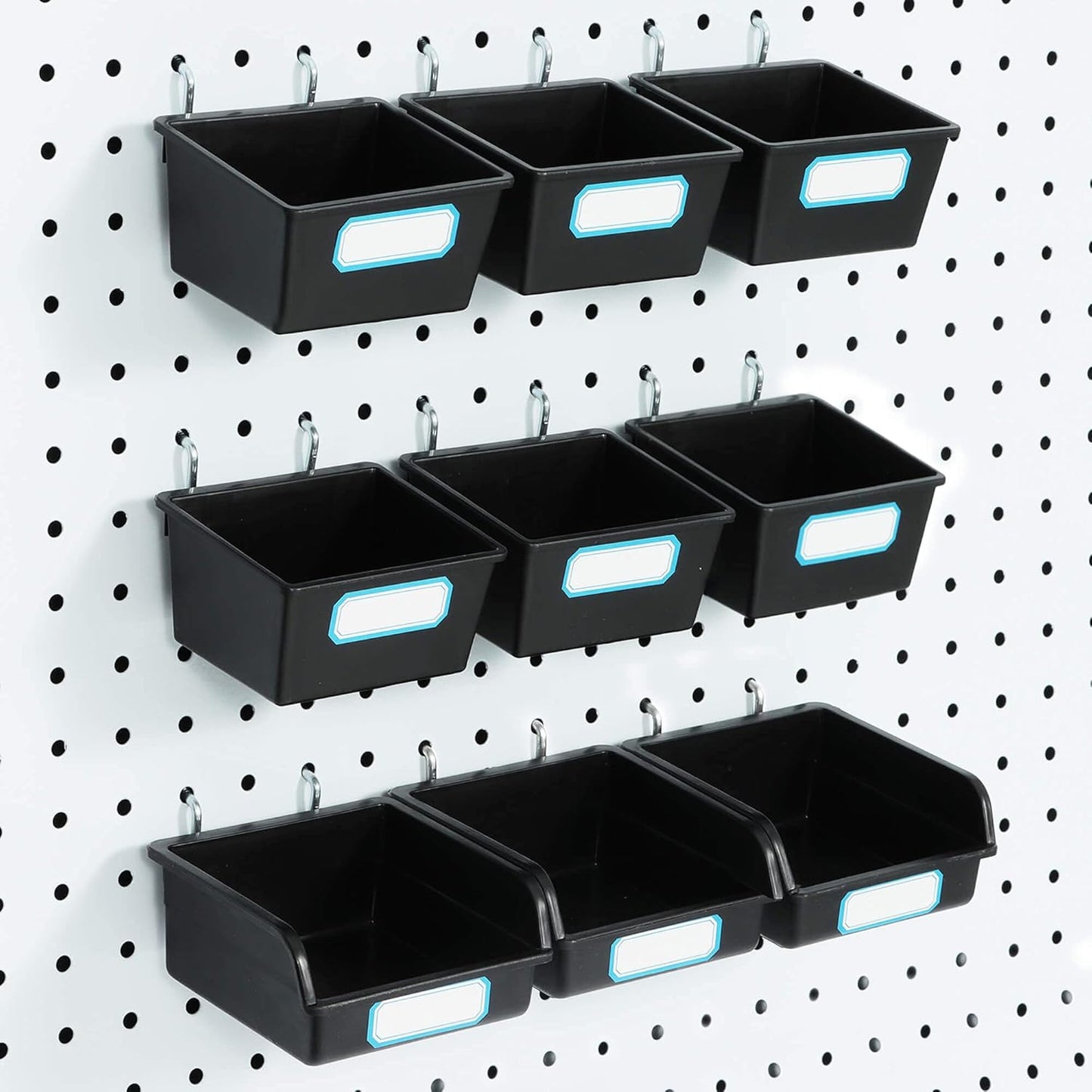 FRIMOONY Pegboard Bins with Hooks and Labels, for Organizing Accessories, 6 Pack Type A and 6 Pack Type B, Black