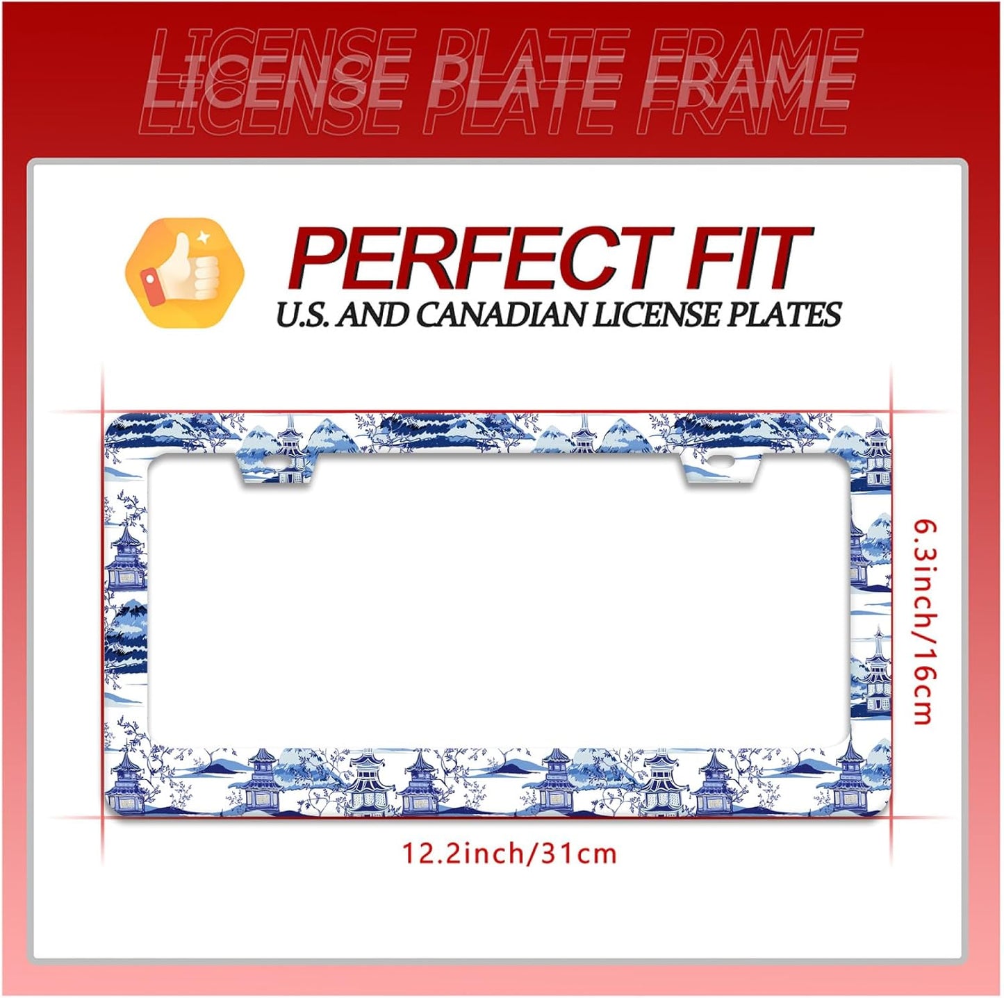Blue White Porcelain Pattern License Plate Frame Chinoiserie License Plate Frames Funny for Car Decorative Parts Stainless Stee License Plate for Standard Us Canada 12x6 Inch