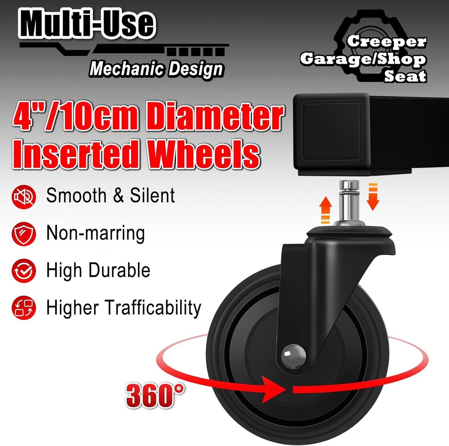 Mechanic Stool with Wheels, Hydraulic Adjustable Shop Stool on Wheels, Garage Work Rolling Chair for Workshop, 400 LBS Capacity, 4 Inch Casters, 360° Swivel Casters Roller Chair, Black