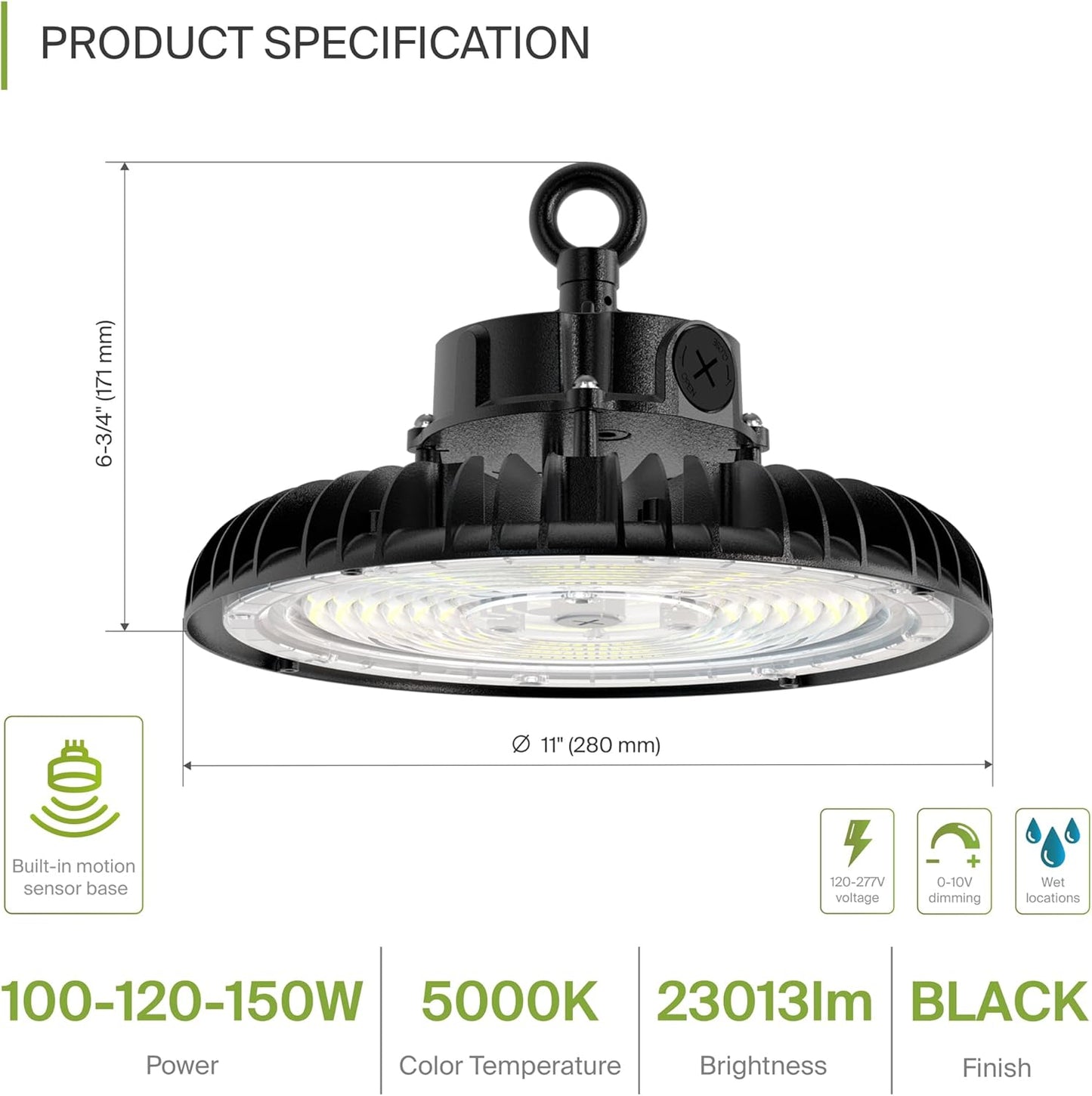 ASD LED High Bay UFO Light Fixture, Commercial Shop Lighting | Dimmable, IP69K Waterproof, DLC Premium, UL Listed | 150W 23000LM 5000K 100-277V | Warehouse, Garage, Workshop, Barn Lamp | Black
