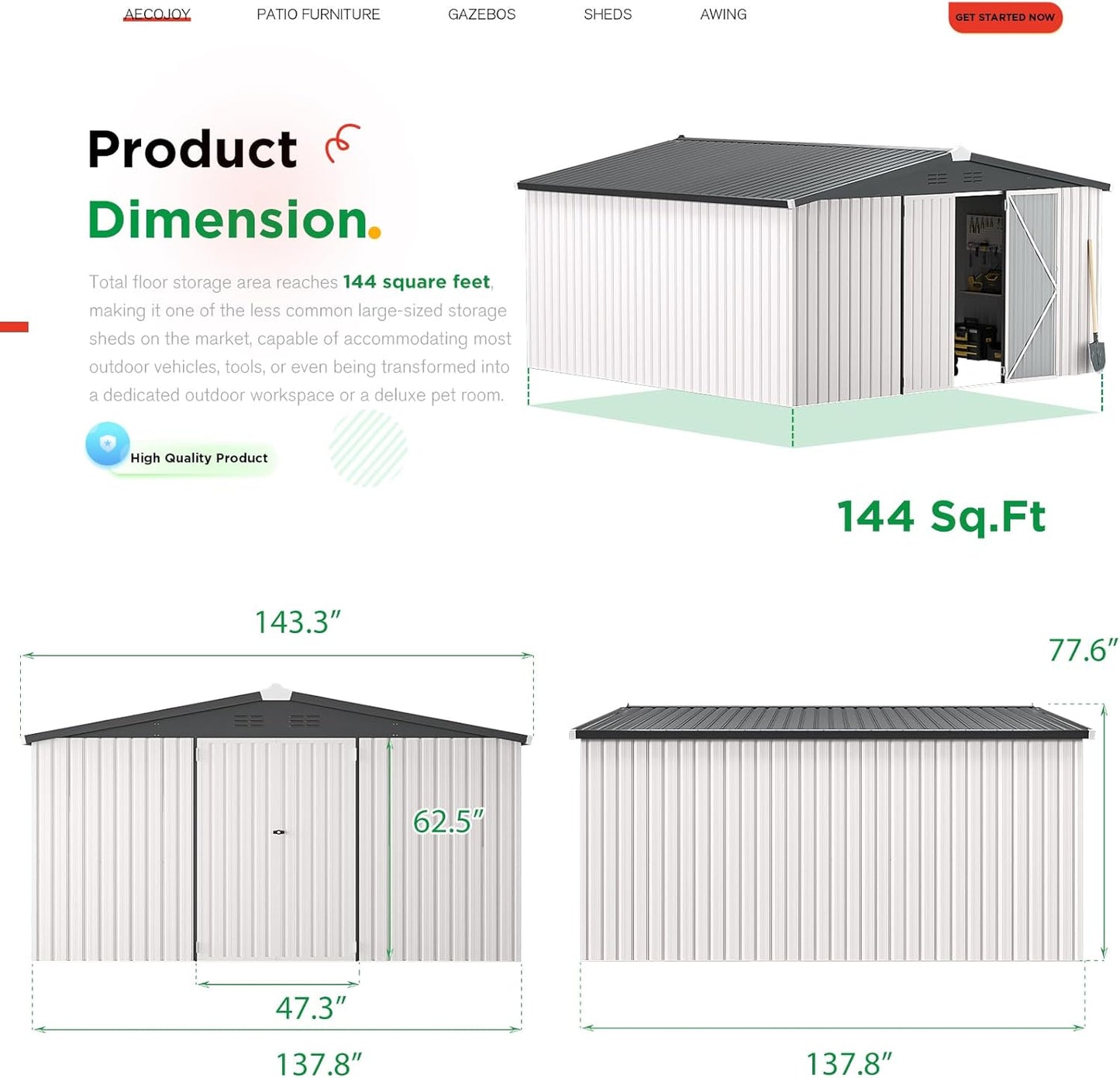 AECOJOY 12' x 12' Outdoor Storage Shed, Large Metal Sheds & Outdoor Storage Clearance Steel Yard Shed with Lockable Doors, Utility and Tool Storage Garden Shed for Backyard, Patio and Outside