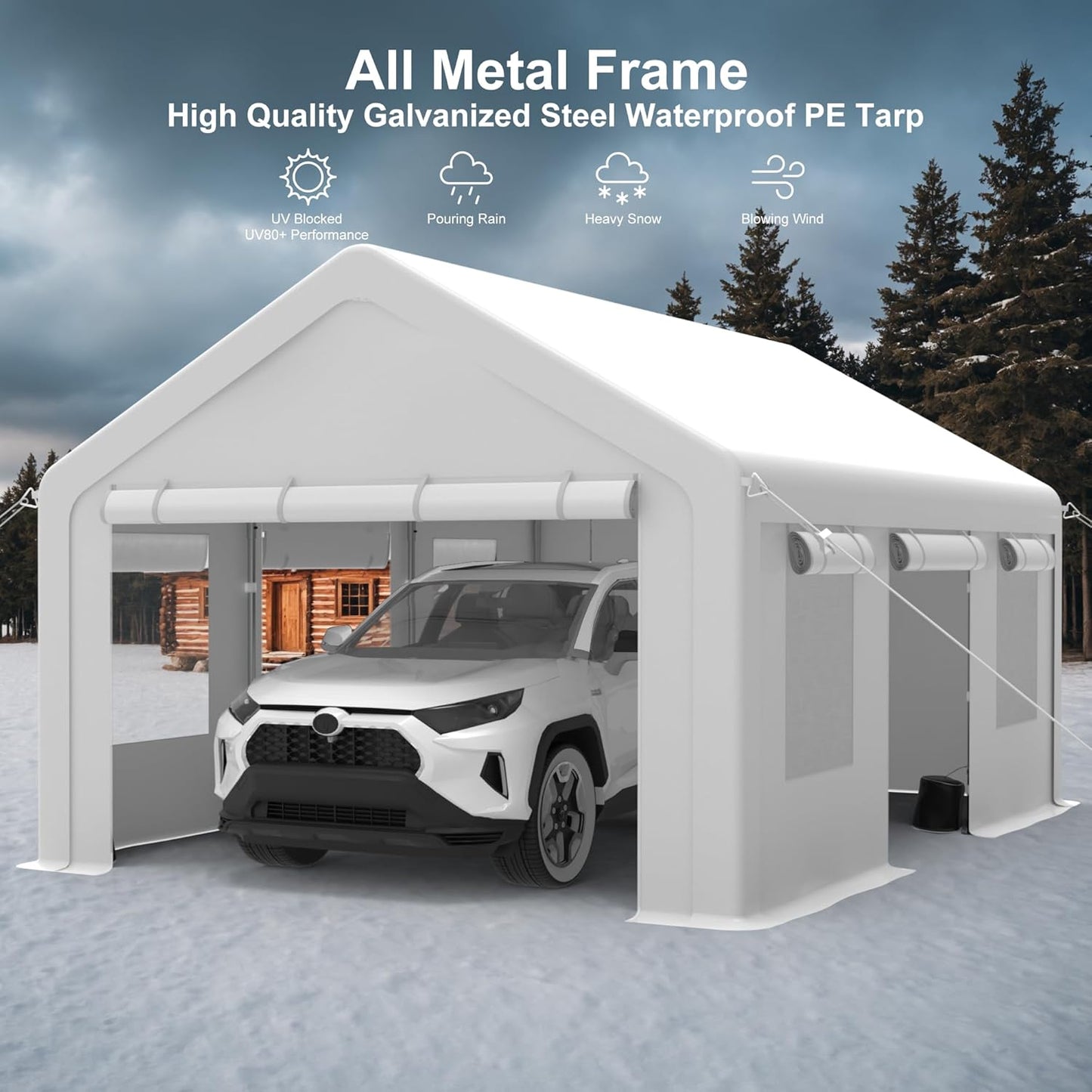 10x20ft Carport Heavy Duty, Portable Garage with 4 Doors + 4 Window, Upgraded Carport with Reinforced Steel Poles, Uv Resistant Waterproof Tarp, Portable Carport for Car, Truck, Boat