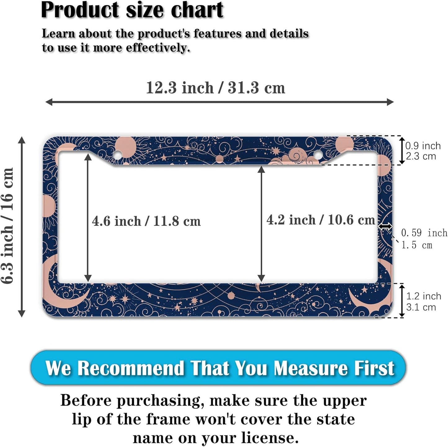 License Plate Frames for Women Blue License Plate Holder for Men Moon Sun Universal Aluminum Car Accessory 2 Pack with Screw Covers Set