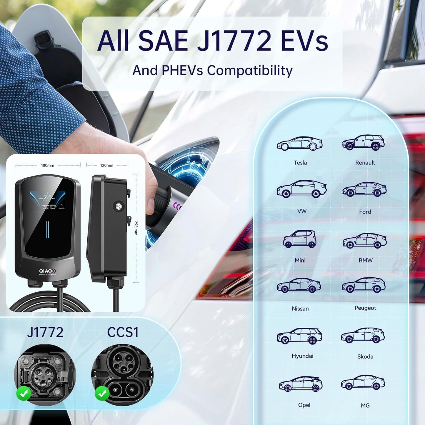 QIAO Level 2 EV Charger, Up to 40A Electric Car Charger, Wi-Fi Bluetooth APP Enabled EVSE, 4.3in Display, 25ft Cable, NEMA 14-50 Plug Charge Station Compatible with All SAE J1772 EV Models Black