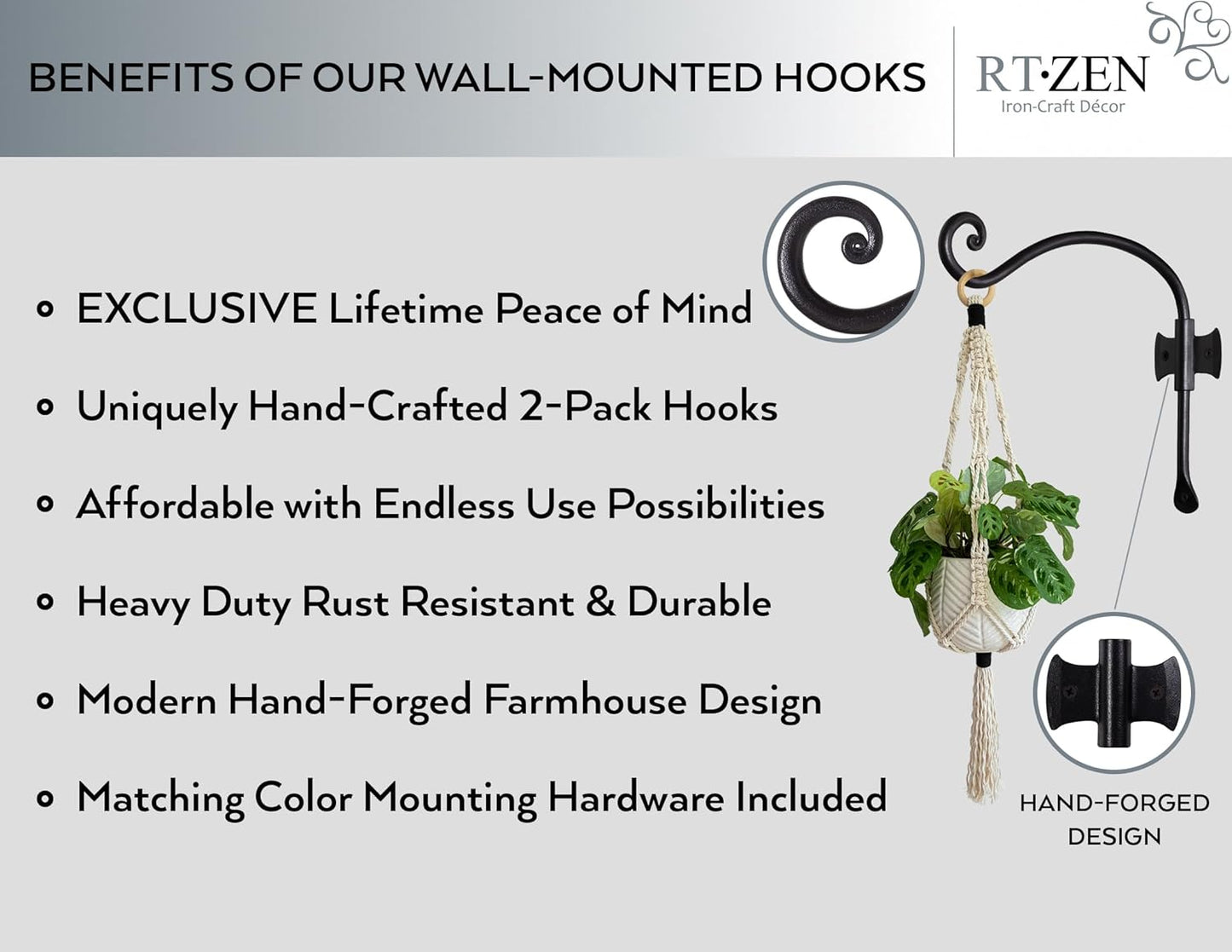 RTZEN Plant Hangers Outdoor or Indoor - Wrought Iron Metal Hanger Indoor Hook - Heavy Duty Wall Bracket Hooks for Hanging Plants Baskets Lanterns Wind Chimes - 2 Pack (Black Axe-Shape Hooks)