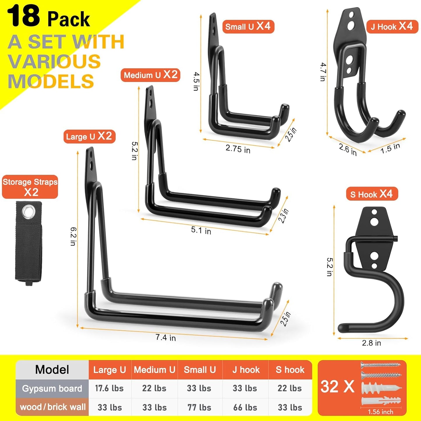 18 Pack Heavy Duty Garage Hooks, Utility Wall Mounted Storage System, with Anti-Slip Coating Hanger, for Hanging Power and Garden Tools, Ladders, Bikes, Ropes and Bulk Items