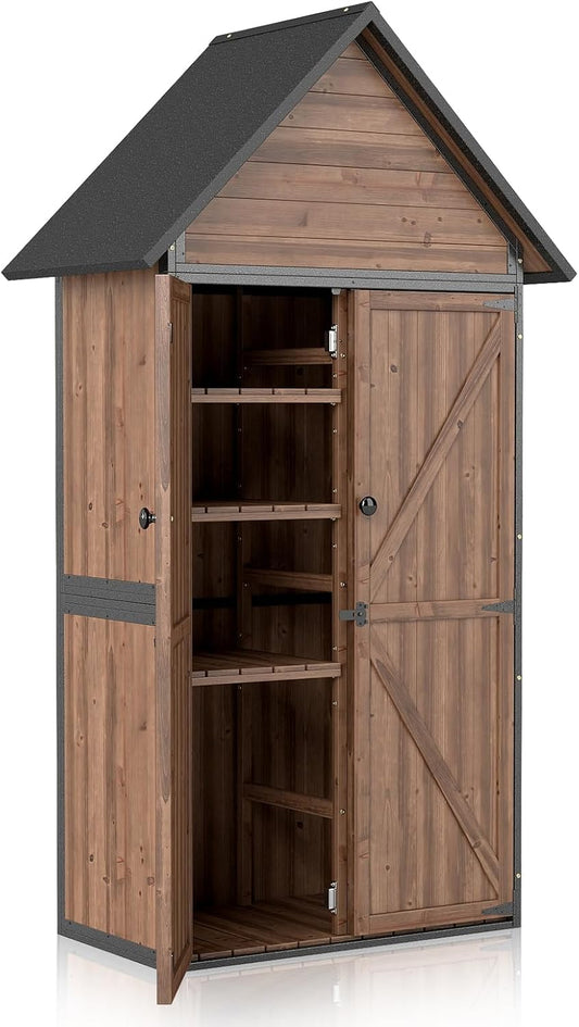 Outdoor Storage Shed with Waterproof Roof - Heavy-Duty Metal & Wood Garden Cabinet, Adjustable Shelves, Large Capacity Waterproof Design for Patio, Garage, Backyard (Dark Brown)