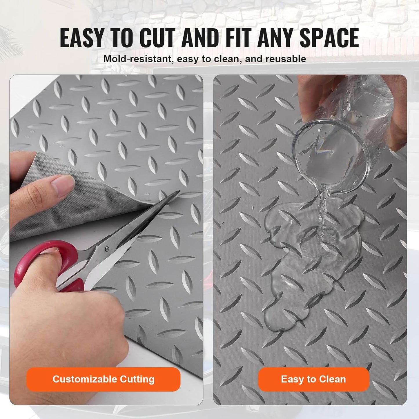VEVOR Garage Floor Mat, 25.5 x 3.6 FT PVC Garage Flooring Roll, 2.5mm Thickness, Non-Slip Diamond Texture, 91.17 sq.ft Covering Space, Garage Mats for Under Cars for Gyms Boats Trailer, Silver Gray