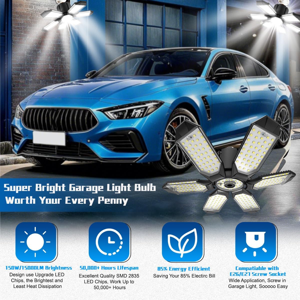 LED Garage Lights - 30000LM Super Brighter Garage Lighting w/ 6 Deformable Panels 6500K Led Shop Lights E26 Screw in Base for Basement Workshop Warehouse Attic - 2Pack