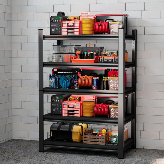 Metal Storage Rack Tier Height Free Adjustable Garage Tool Rack Load Capacity 3000lbs Industrial Storage Rack,Black,Garage,Kitchen,Bedroom,Garden (5-Tier63.0" H*39.4" W*17.7" D)