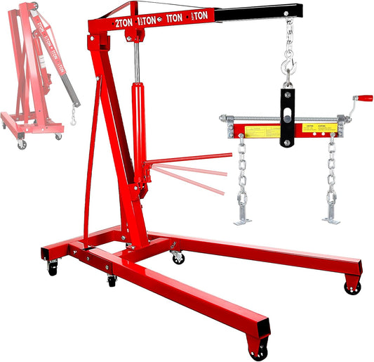 5000LBS Folding Hydraulic Engine Hoist with Lever, Heavy-Duty Cherry Picker Shop Crane with 6 Casters, Engine Lifter for Garage, Workshop & Warehouse, Red