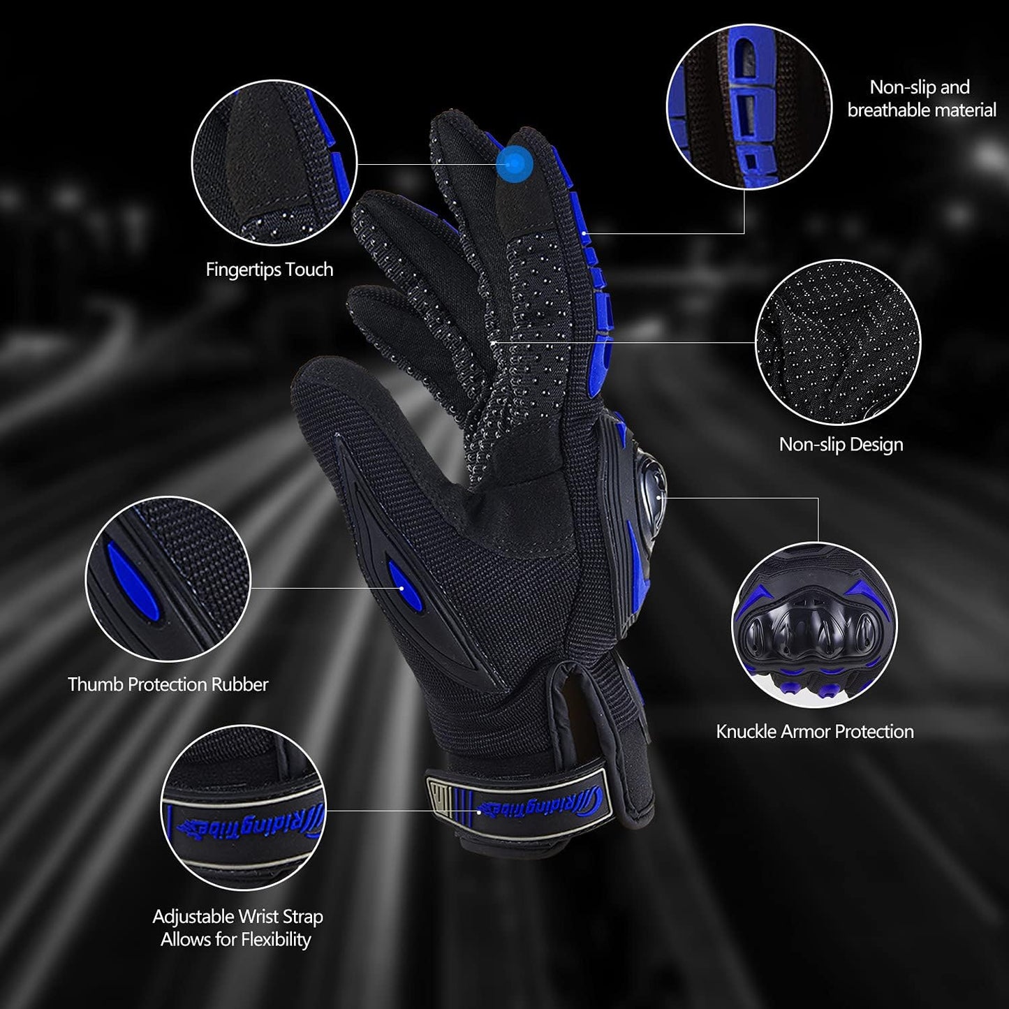 Motorcycle Gloves for Men and Women Full Finger Touchscreen Mountain Dirt Bike Gloves for Powersports BMX ATV MTB Driving Motocross Cycling Gloves(L, Blue)