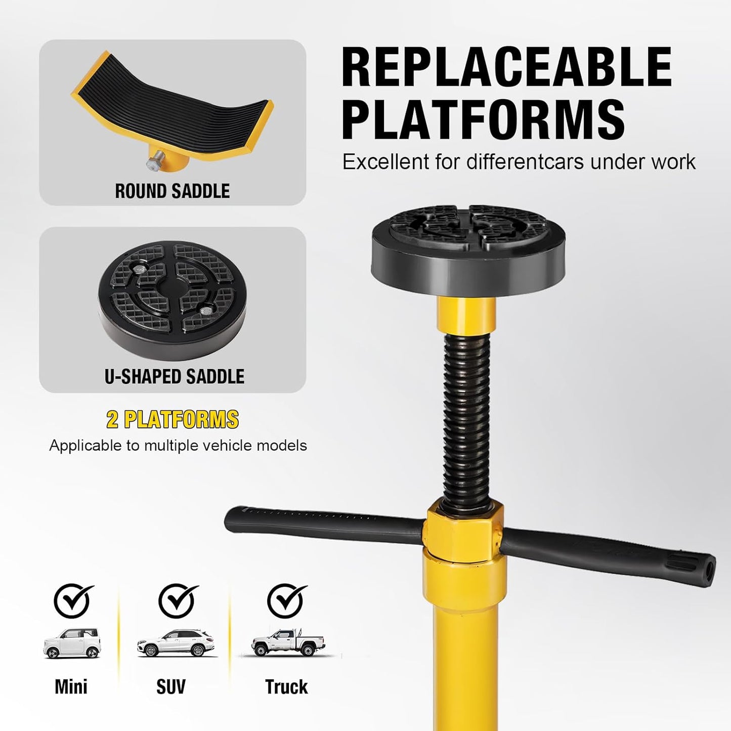YELLOW JACKET Underhoist Support Stand 3/4 Ton Capacity with Foot Pedal, Lifting from 52.8" to 76.5", 12 Inch Diameter Base, Bearing Mounted Spin Handle, Contoured Saddle, Supports Vehicle Components