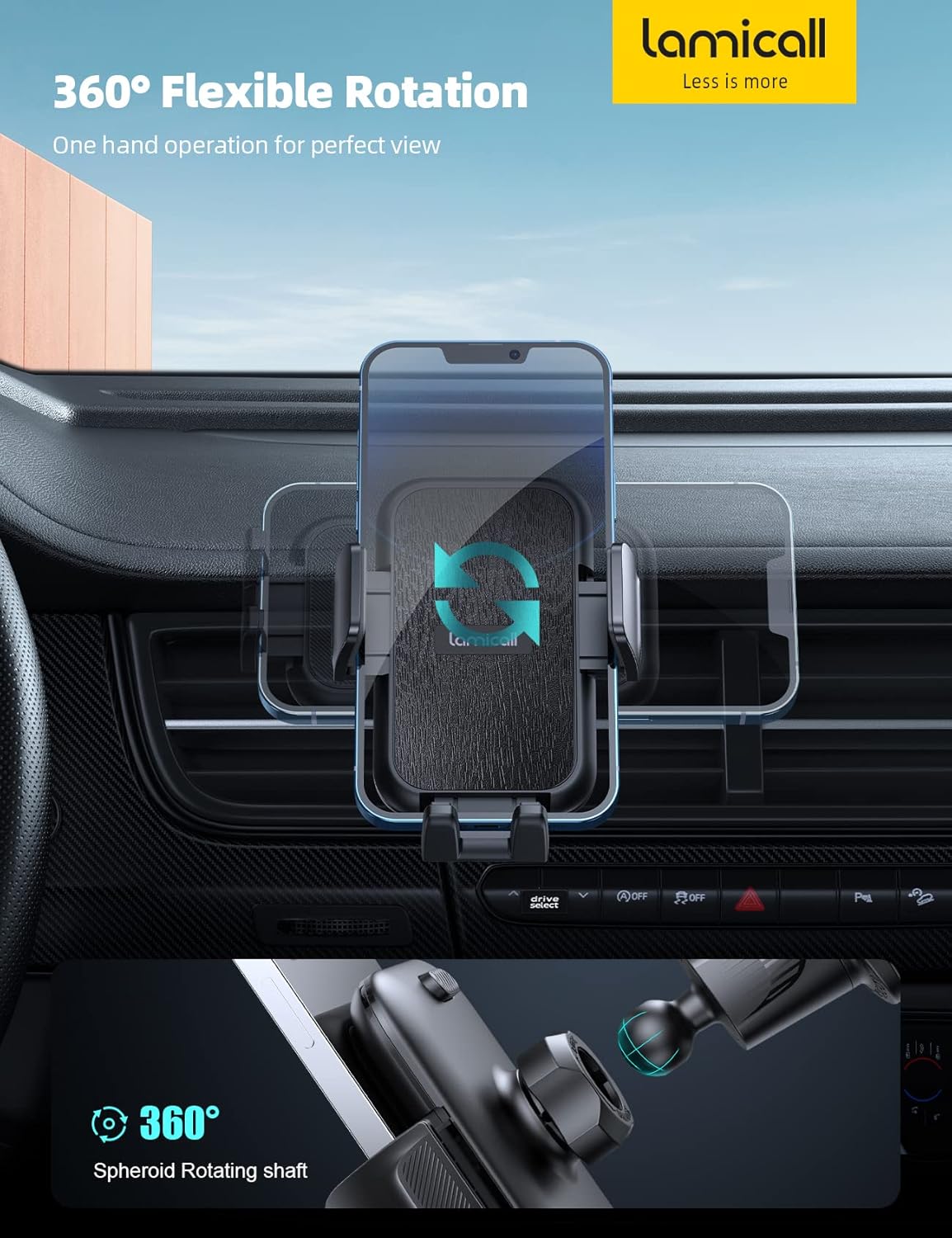 Lamicall 2025 Wider Clamp & Metal Hook Car Phone Holder Vent [Thick Cases Friendly] Phone Holders for Your Car Mount Automobile Hands Free Cradle Air Vent for Smartphone (Wood Grain)