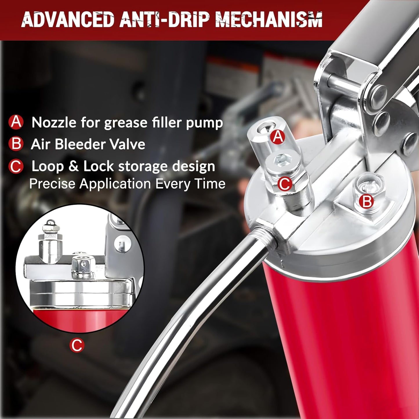 Heavy Duty Grease Gun Kit, 8000 PSI Professional Pistol Grip 14 oz Load with 12" Flex Hose, Locking Coupler, Extension Pipe, and Sharp Nozzle,Red(Upgrade)