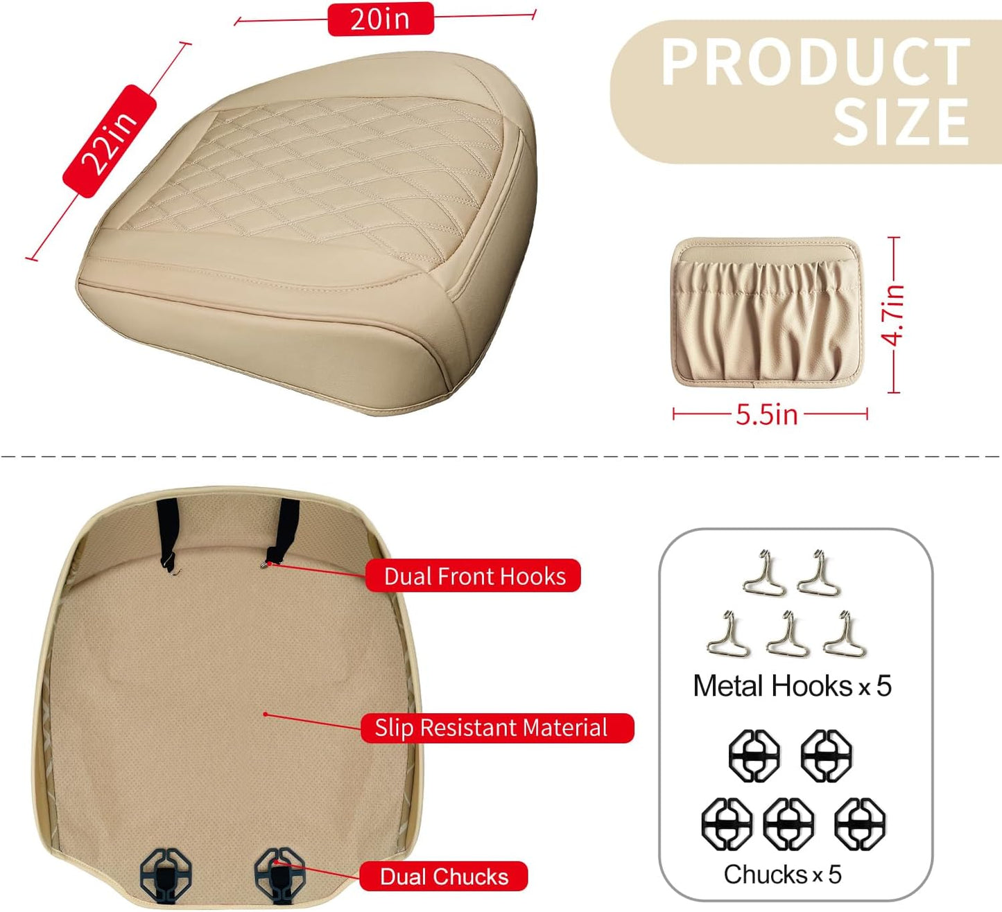 2 Pack Leather Front Car Seat Cover Bottom Car Seat, Anti-Slip and Full Wrap Driver Car Seat Protectors with Storage Pocket, Luxury Waterproof Bottom Auto Seat Cushion Pad Mat for Most Vehicles(Beige)