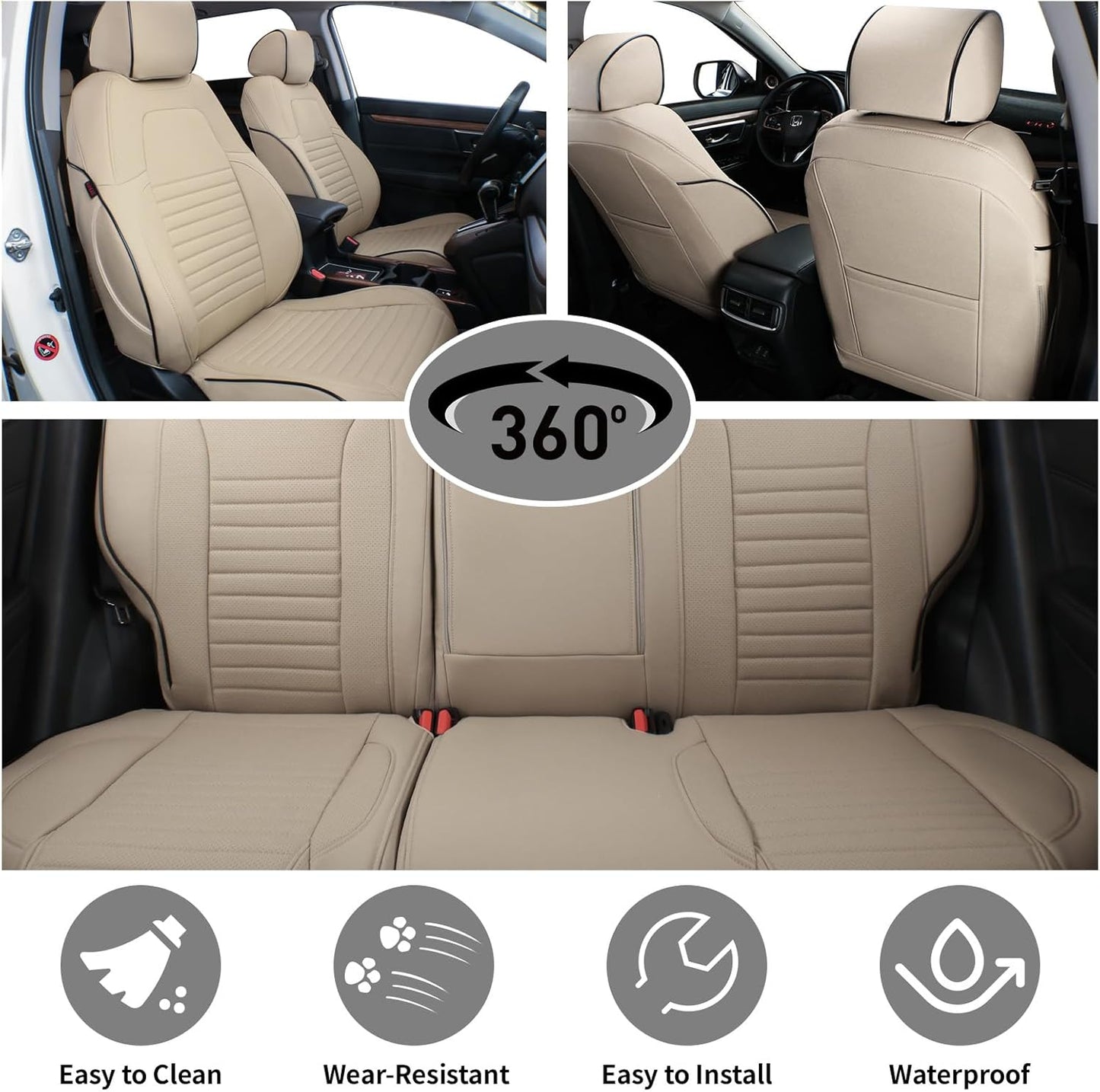 EKR Accord Seat Covers Full Set Custom for Honda Accord Base,EX-L,Touring 2014 2015 2016 2017 (Hybrid),Reat Row W/Solid Backrest & Armrest,Leather Seat Cover for Trucks,Automotive Seat Covers(Beige)