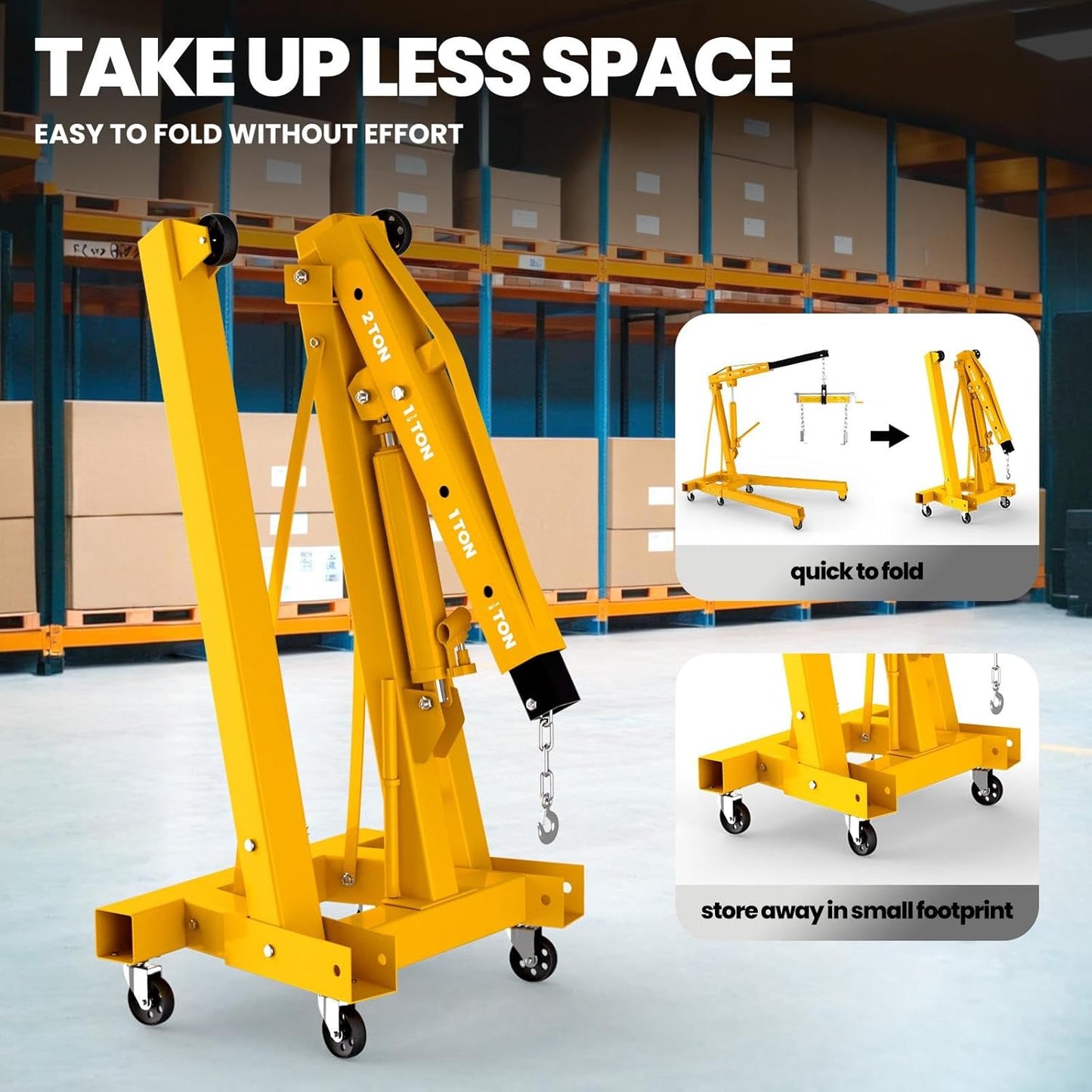 2-Ton Folding Hydraulic Engine Hoist with Lever, Heavy-Duty Engine Crane Cherry Picker with 6 Casters, Shop Lift for Garage, Workshop & Warehouse, Yellow