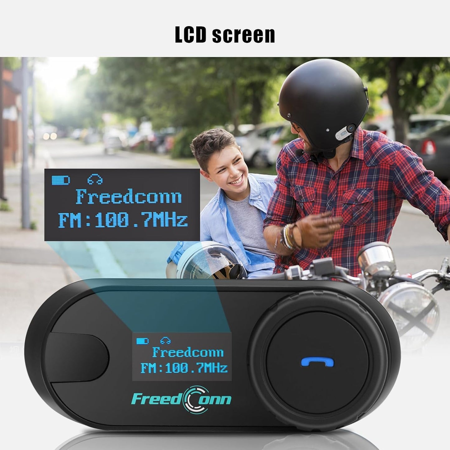 FreedConn TCOM SC Motorcycle Helmet Bluetooth Headset, Motorcycle Communication Systems with LCD Screen, CVC Noise Cancellation, Stereo Music, 3 Riders 0.5mi/800m 12Hrs Intercom, IP65, 1 Pack