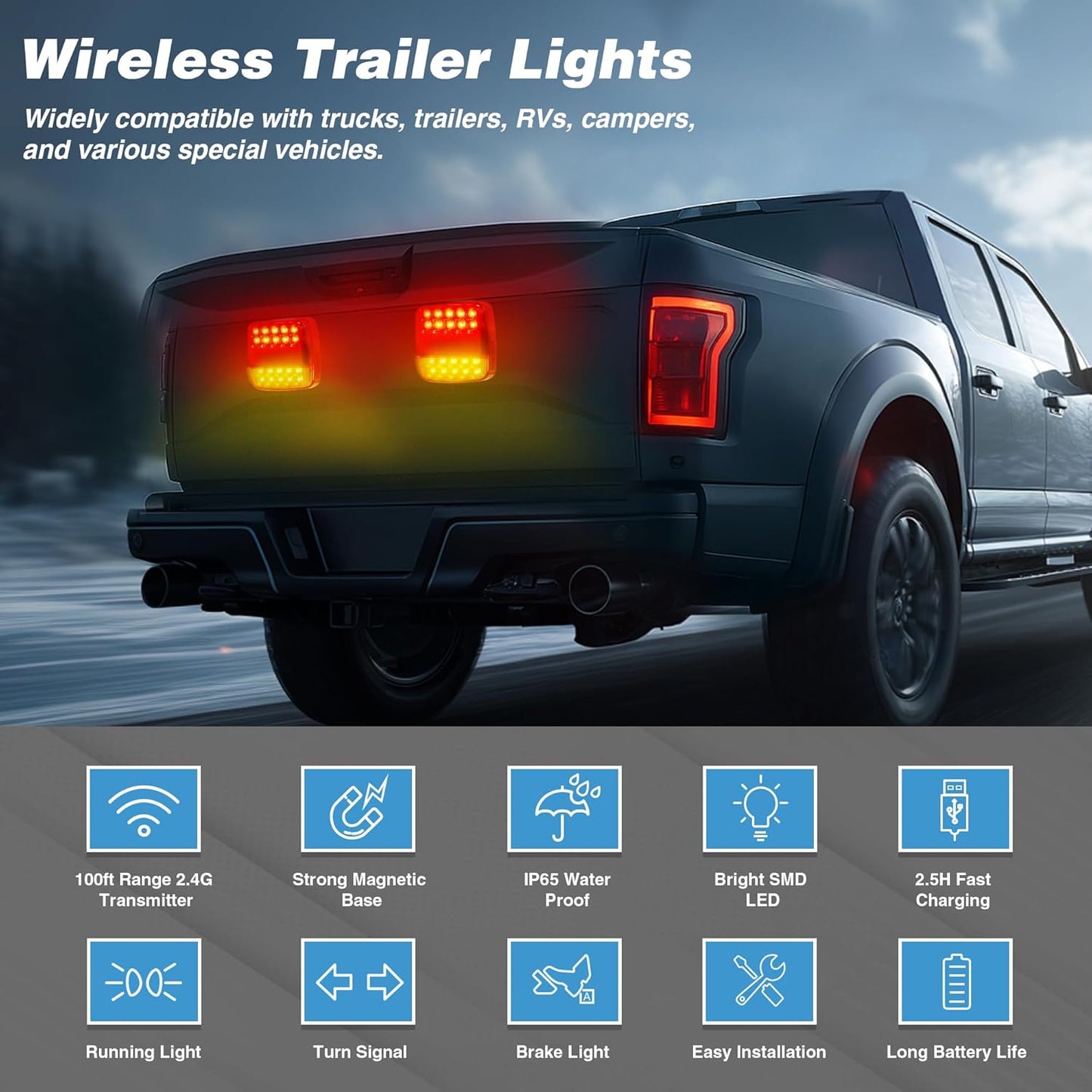 Wireless Magnetic Trailer Lights – Rechargeable LED Trailer Light Kit with Turn, Brake, Stop Lights, No Wiring Needed - Portable Wireless Lights for Truck, RV, Boat, Camper, Caravan, Utility Trailers
