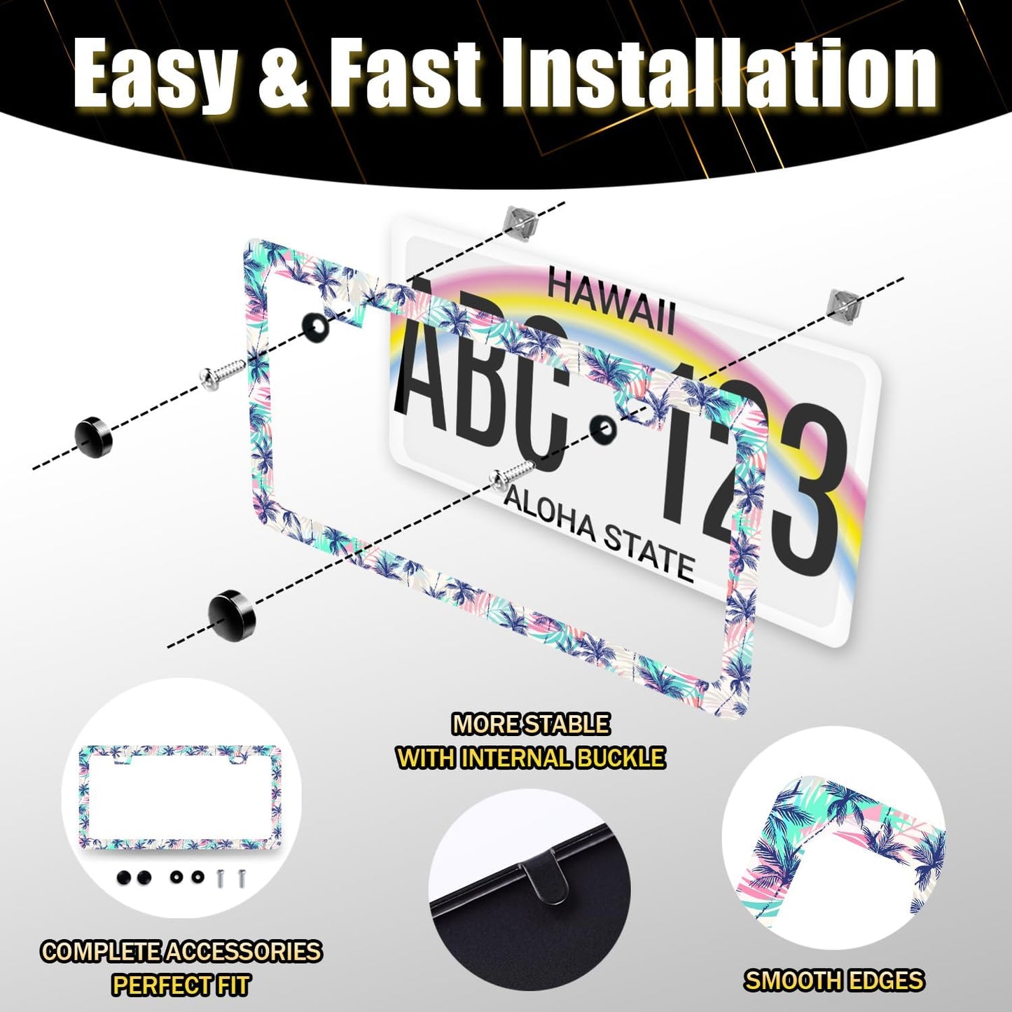 Plam Trees License Plate Frame Hawaii Tropical Leaves License Plate Holder Funny License Plate for Car Decoration Stainless Steel Colorful Auto Parts with Screws for Men Women 12.3" x 6.3"