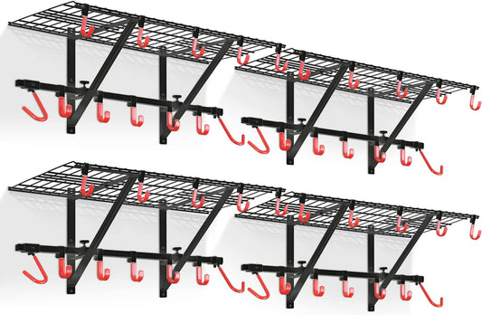PLKOW Garage Wall Shelving 4-Pack Includes Bike Hooks, Sturdy Adjustable Garage Shelving Wall Mount Garage Wall Organizer (Black, 4-Pack)