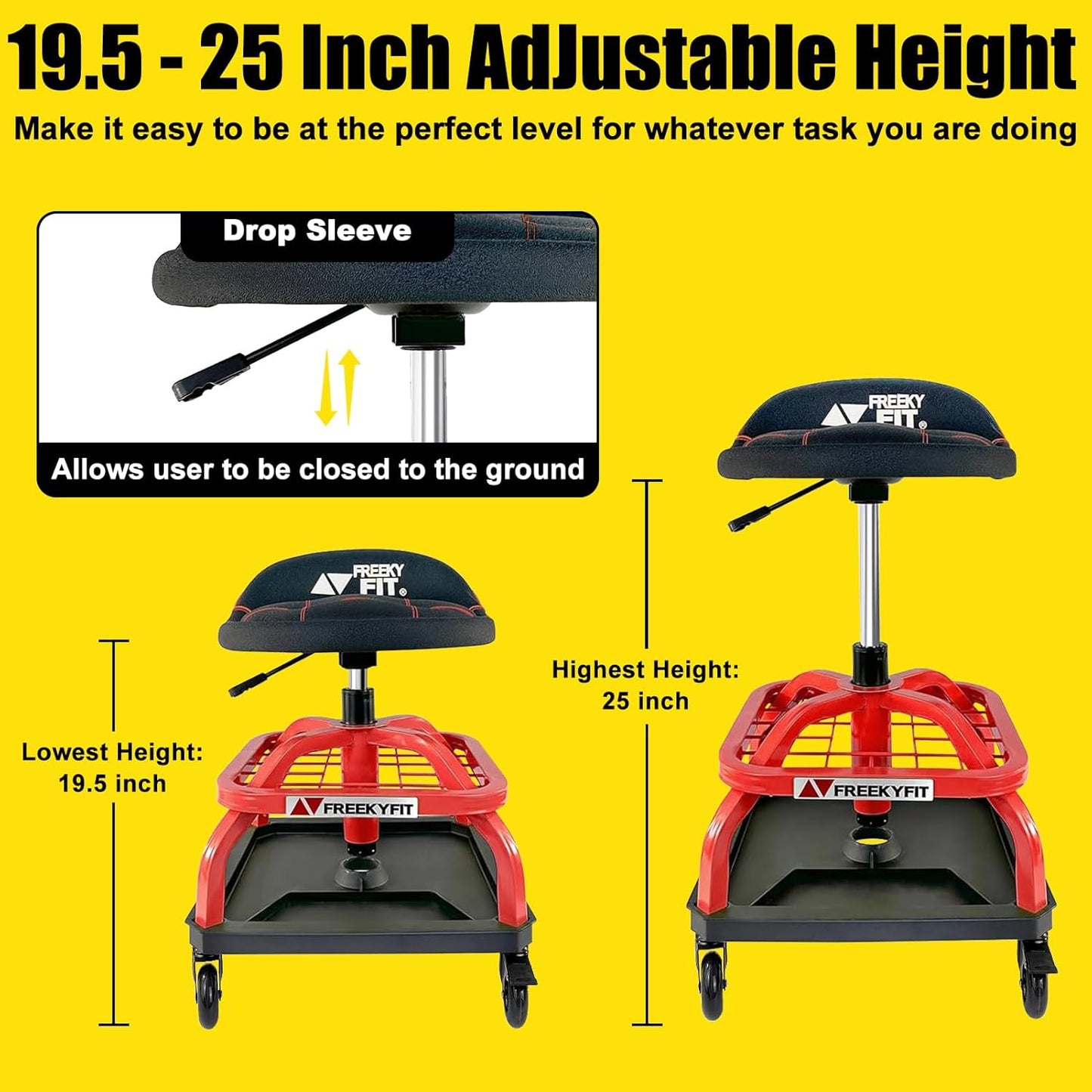 Rolling Shop Stool with Wheels, Garage Work Mechanic Stool with Backrest, Roller Mechanic Chair, Adjustable Height, 360° Swivel, Tool Tray Storage, 330 LBS Capacity, Heavy Duty, Red