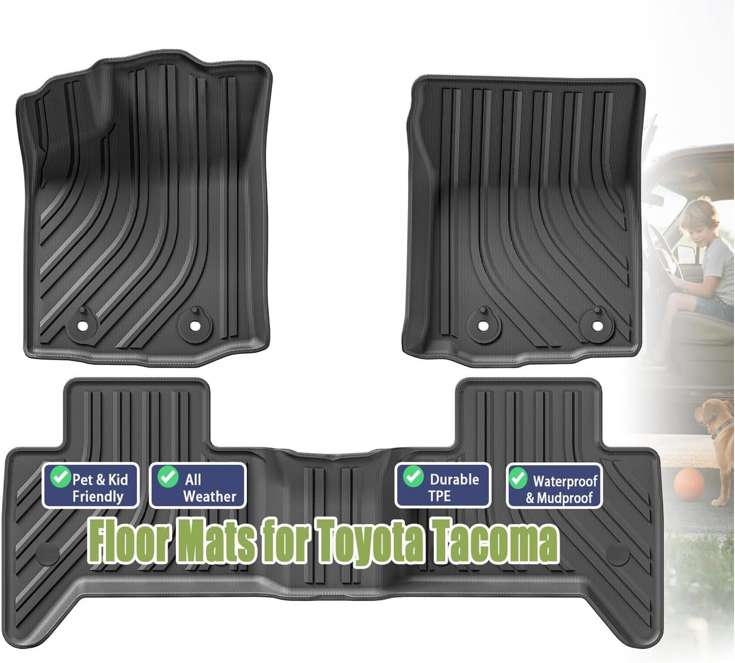 TPE Car Floor Mats for Toyota Tacoma 2016-2023 Double Cab (Only for Automatic), Custom Fit Carpet Floor All Weather Truck Mats - Front and Rear Row, 3PCS