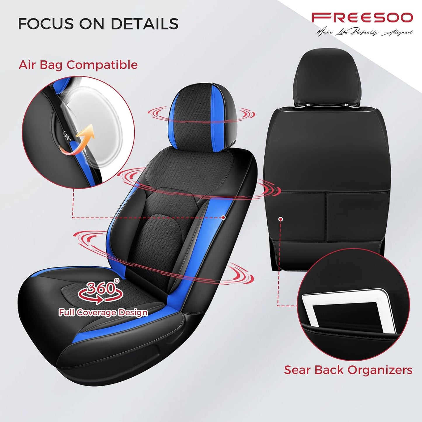 FREESOO Car Seat Covers Full Set,Waterproof Automotive Seat Covers, Leather Cars Interior Covers, Seats Protection Universal fit Babies & Adult (Black Blue)