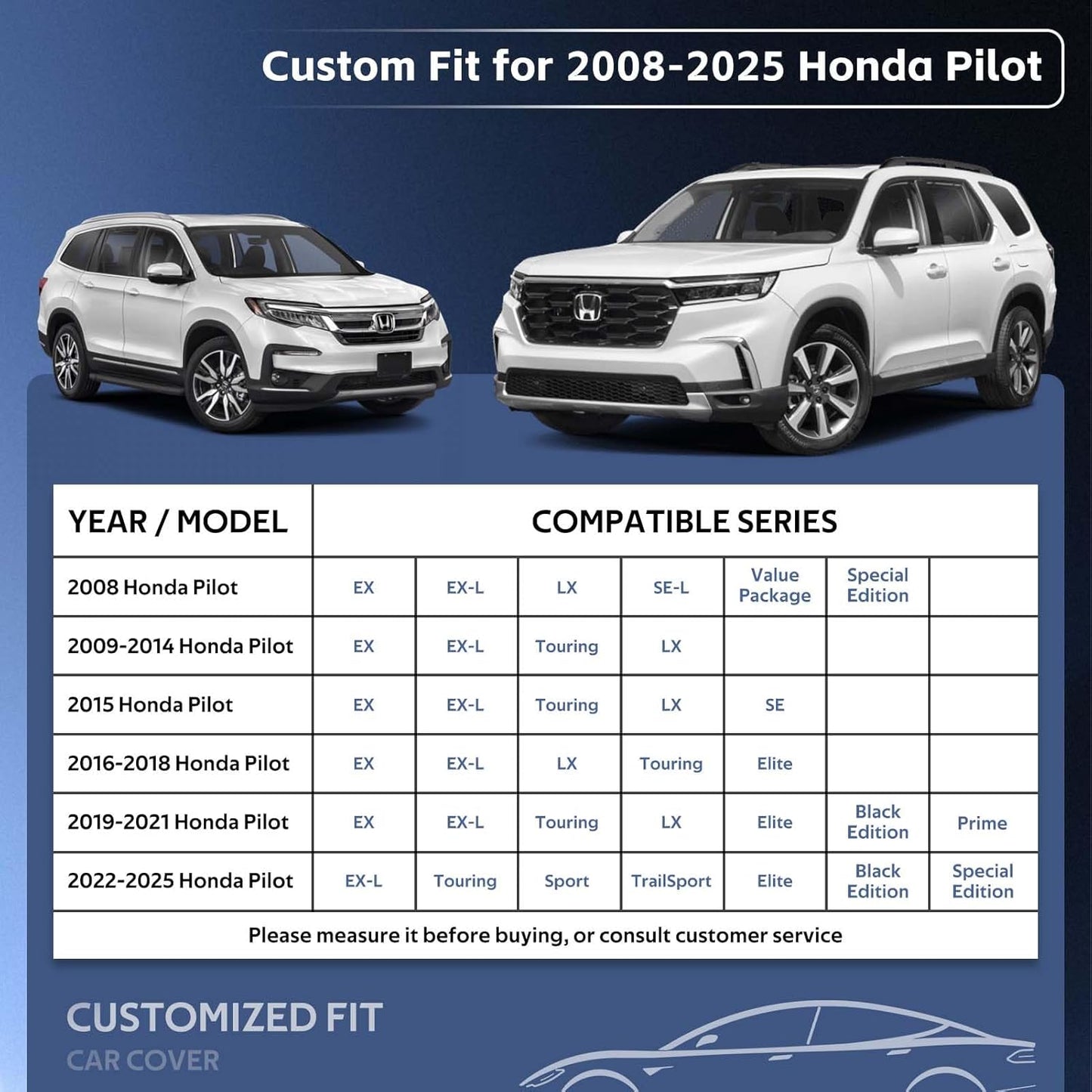 10 Layers SUV Car Cover Custom Fit for Honda Pilot (2008-2025) Waterproof All Weather for Automobiles, Outdoor Full Cover Sun UV Rain Protection with Cotton.Black