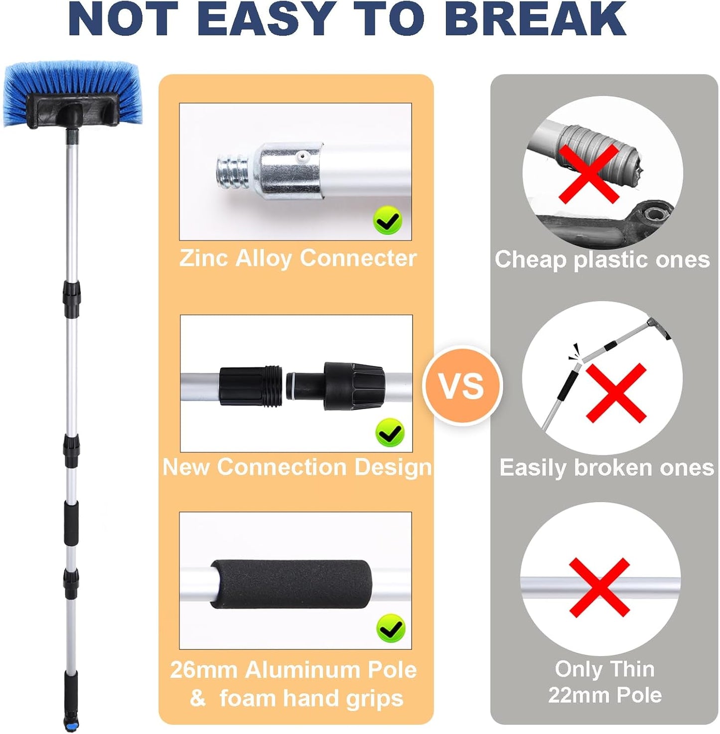 69" Car Wash Brush with Long Handle, Flow-Thru Soft Bristle Car Washing Brush with Extendable Handle and Hose Attachment for Car, RV, SUV, Truck, Boat, House Siding, Solar Panels, Blue