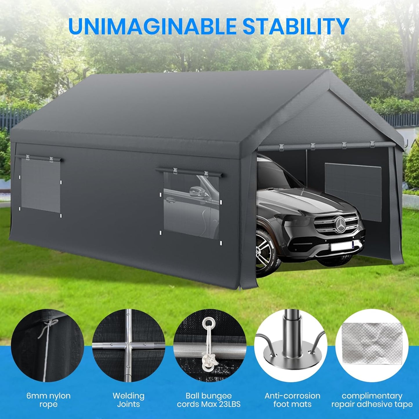 Carport 12x20 FT Heavy Duty,Outdoor Portable Garage with Removable Sidewalls & Doors, Waterproof, UV-Resistant Canopy Shelter for Vehicles, Boats, RVs, Trucks, All-Season Car Port, Gray