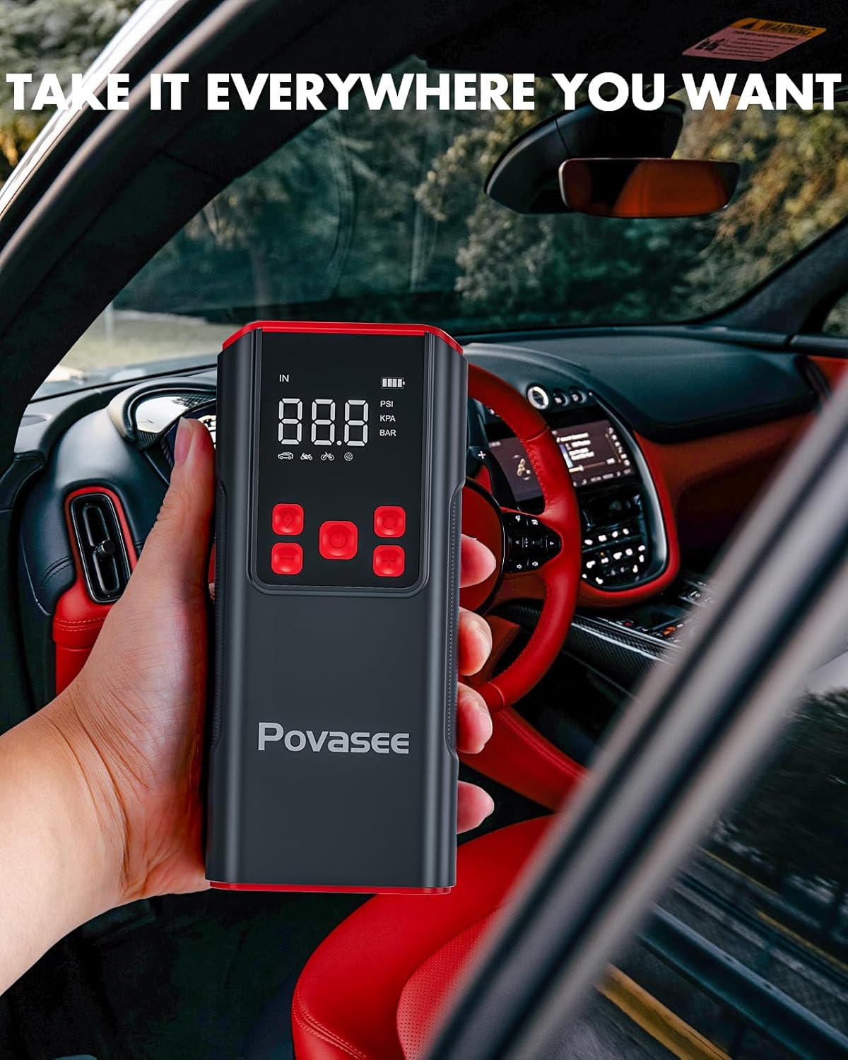 Tire Inflator Portable Air Compressor Povasee 150PSI Portable Air Pump for Tires Cordless Car Tire Inflator with LCD Display,Flashlight, 2X Tire Pump Faster suit for Cars Bikes Motorcycle Ball