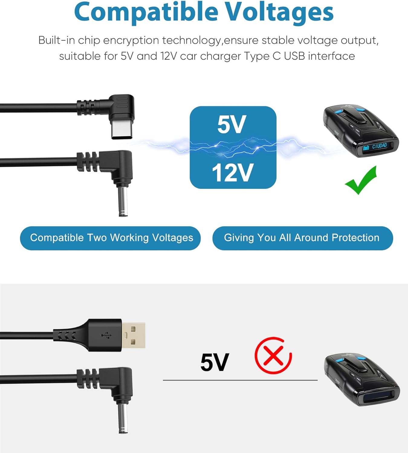 Radar Detector Cord, Type C to DC3.5 Plug Cable,for CobrWhistler Escort Valentine One Uniden Beltronics Radar Detector,Replacement Power Cable for Radar Detectors